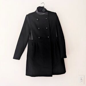 Badgley Mischka Double Breasted Military Collar Faux Leather Wool Pea Coat